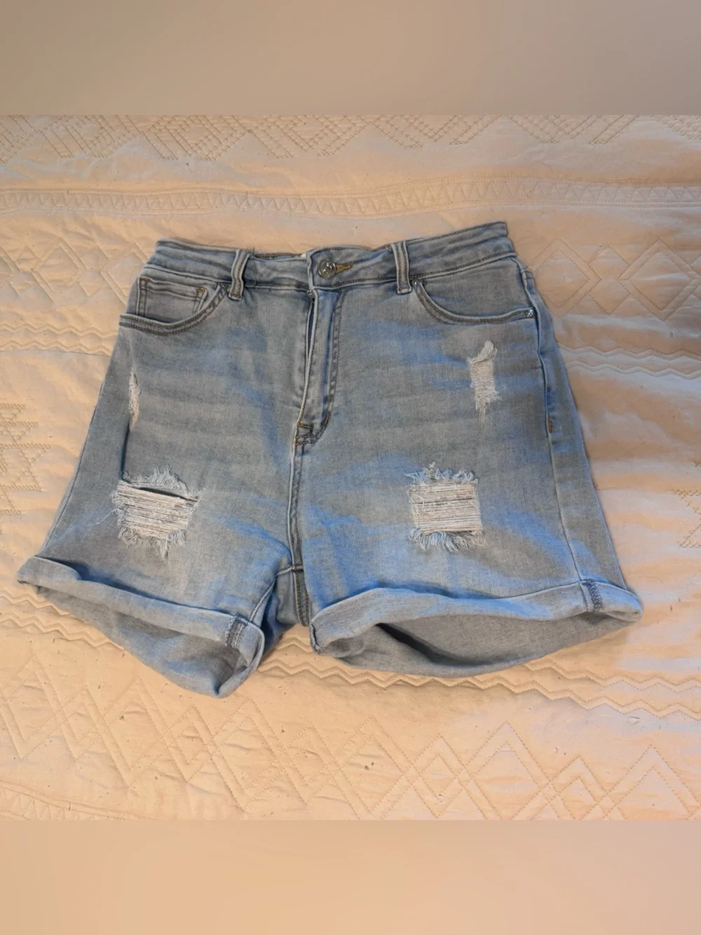 High-Rise Light Blue Distressed Denim Shorts for Women